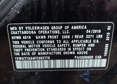 2015 Volkswagen Passat 1.8T Limited Edition из США, поврежденный, VIN 1VWAT7A34FC092778